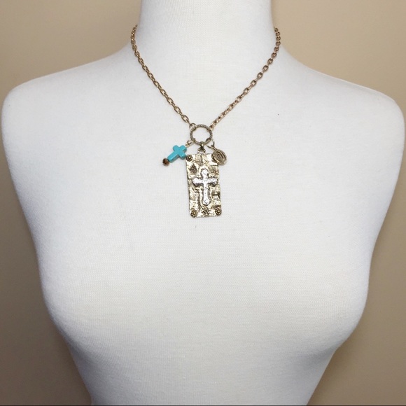 2-Tone Faith Cross Rugged Artesian Look Pendant Gold Necklace & Earrings Set - Picture 3 of 3